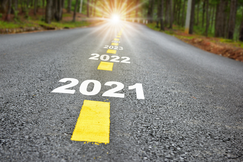 New year journey 2021 to 2024 on asphalt road.
