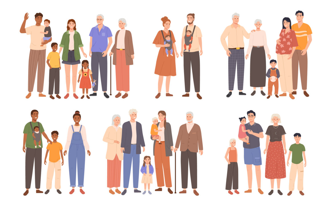 Cartoon family. Couples of parents with happy kids and grandparents, full family portrait vector illustration set. Father, mother and children. Multiracial characters, diverse relationships