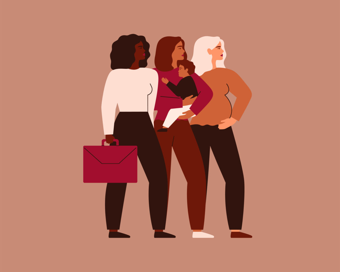 Three women of different ethnicities stand together. Black Businesswoman, Mother with child, Pregnant female support each other. Cooperation and partnership concept. Vector illustration