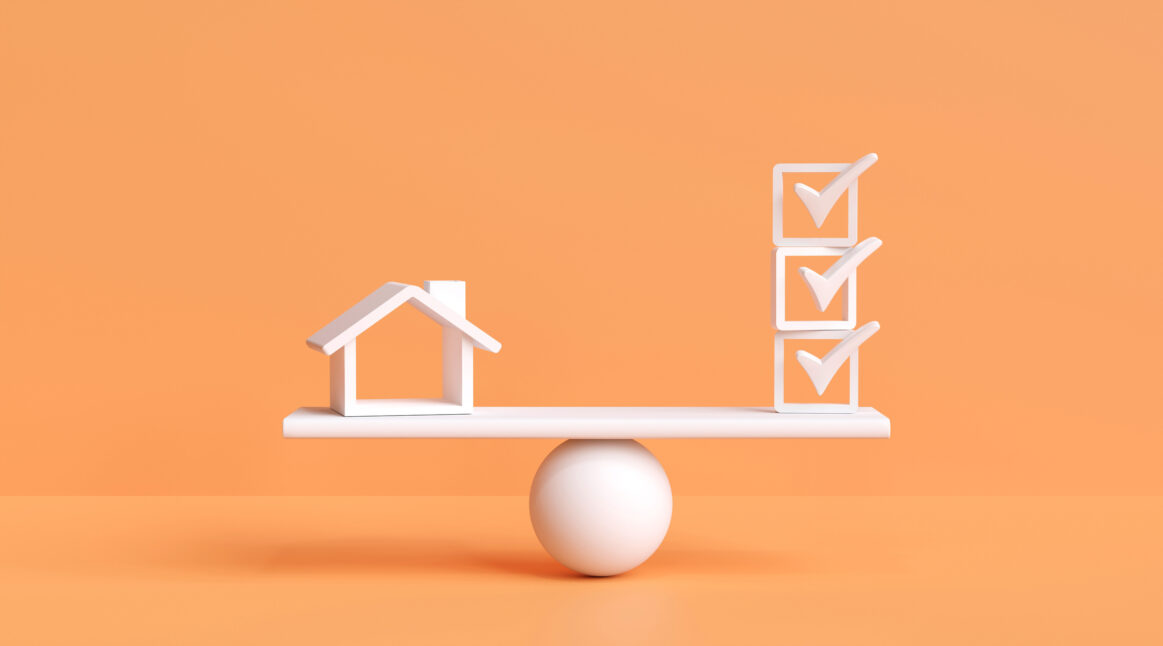 Home vs check mark on scales. Home certification standards, inspections, approvals, home inspection security, checklists. 3D rendering illustration
